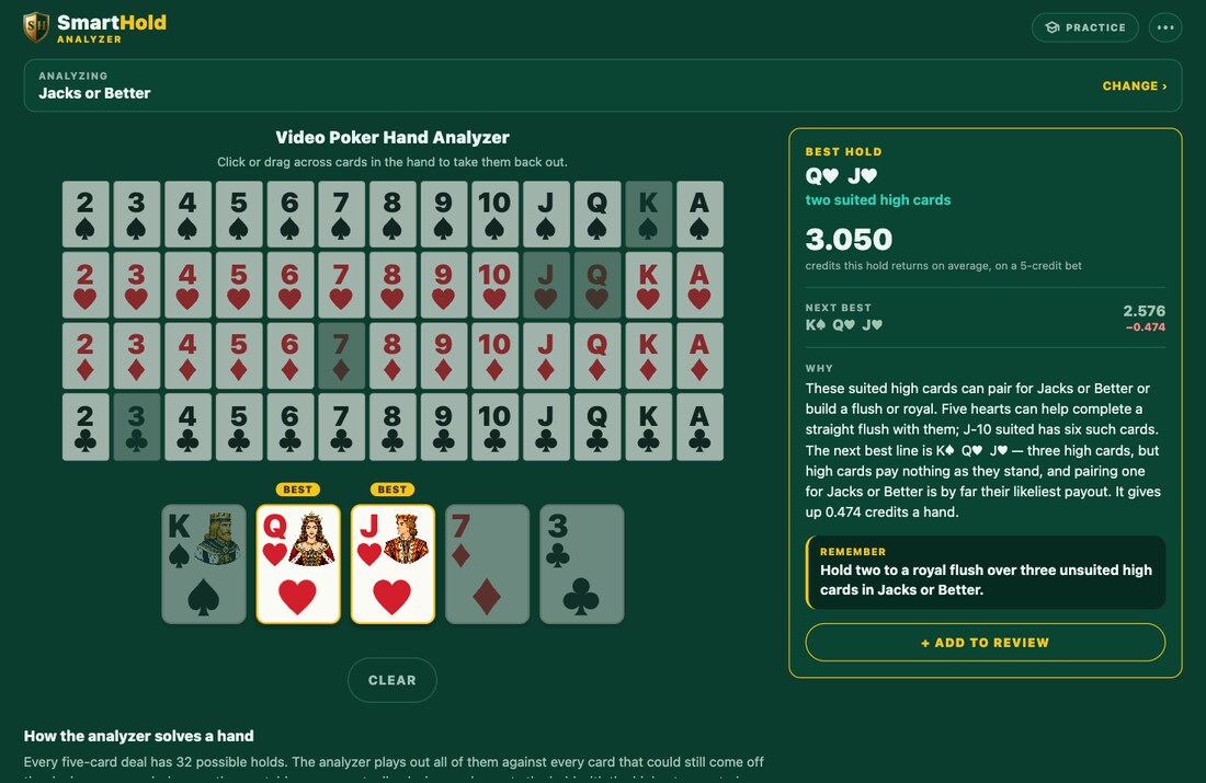 SmartHold on a laptop, in the hand analyzer: a five-card hand picked from the deck, the best hold, and why it beats the next best.
