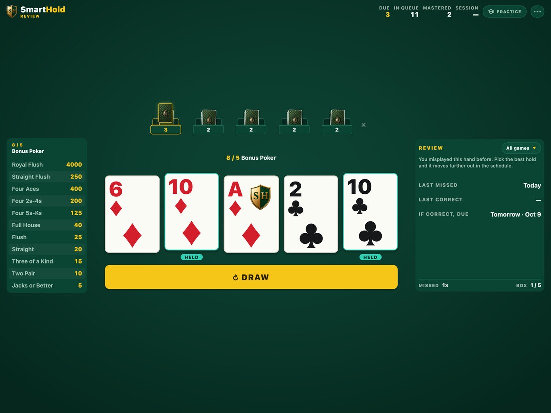 SmartHold on a tablet, reviewing a missed hand: five boxes of review cards, the hand to replay, and when it comes back if played right.